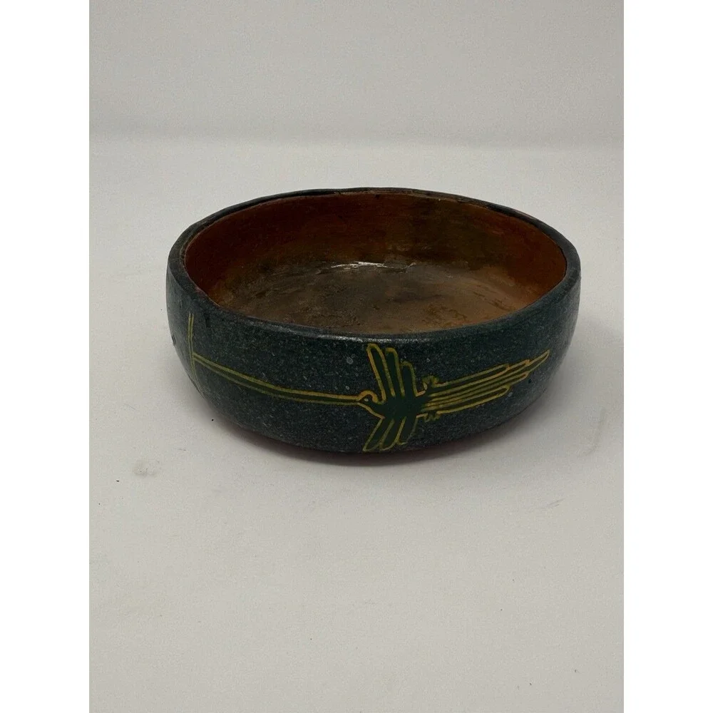 Rarchi Peru Hand-Painted Glossy Clay/Ceramic Bowl Blue Brown Yellow Animal